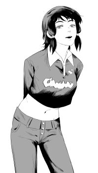 Rule 34 | 1girl, absurdres, arms behind back, chainsaw man, collared shirt, crop top, cropped shirt, greyscale, highres, knew nothing, low-tied sidelocks, mifune fumiko, monochrome, navel, open mouth, pants, shirt, sidelocks, solo, standing