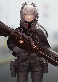 1girl 3d bandaid bandaid_on_cheek bandaid_on_face belt_pouch black_pantyhose blue_eyes blurry blurry_background gloves grey_gloves grey_hair grey_jacket gun hair_between_eyes hairband holding holding_gun holding_weapon jacket long_hair looking_at_viewer mogumo original pantyhose parted_lips ponytail pouch science_fiction scope solo tube turtleneck weapon