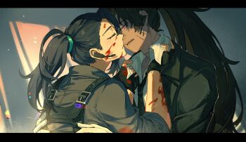 2boys absurdres black_gloves black_hair black_jacket black_necktie black_shirt blood blood_on_clothes blood_on_face blood_on_hands brown_hair chest_harness closed_eyes fingerless_gloves full-stop_office_(identity)_(project_moon) gloves hands_up harness hashtag-only_commentary heathcliff_(project_moon) high_ponytail highres hong_lu_(project_moon) imminent_kiss jacket kiscript limbus_company long_hair multiple_boys necktie open_mouth ponytail project_moon shirt very_long_hair white_shirt yaoi