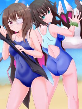 2girls absurdres aoi_erika aqua_eyes artist_name ass back back-to-back back_cutout bare_shoulders beach black_hair blue_one-piece_swimsuit blue_sky blurry blurry_background blush breasts brown_hair closed_mouth clothing_cutout cloud collarbone competition_school_swimsuit competition_swimsuit covered_navel cowboy_shot crossover day depth_of_field eyepatch from_behind green_eyes green_scrunchie hair_between_eyes hand_up hands_up heaven_burns_red highres hiiragi_kozue holding holding_weapon horizon long_hair looking_at_viewer looking_back medical_eyepatch medium_breasts medium_hair multiple_girls neruth ocean one-piece_swimsuit one_eye_covered outdoors red_eyes sand school_swimsuit scrunchie short_hair side-by-side sky small_breasts smile standing swimsuit twitter_username v-shaped_eyebrows water weapon wrist_scrunchie