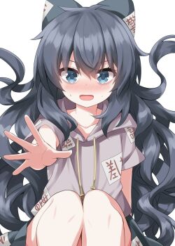 1girl blue_bow blue_eyes blue_skirt bow collarbone commentary_request drawstring feet_out_of_frame grey_hair grey_hoodie hair_between_eyes hair_bow highres hood hood_down hoodie long_hair looking_at_viewer open_mouth outstretched_arm ruu_(tksymkw) short_sleeves simple_background sitting skirt solo sweat touhou white_background yorigami_shion