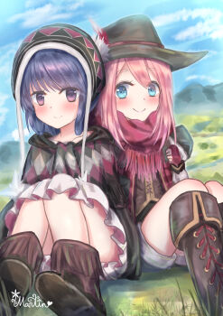 absurdres blue_eyes blue_hair blue_sky blush boots closed_mouth cloud cloudy_sky day dress gloves grass hat highres hood kagamihara_nadeshiko long_hair martinreaction mountain outdoors pink_hair shima_rin sitting sky smile yurucamp
