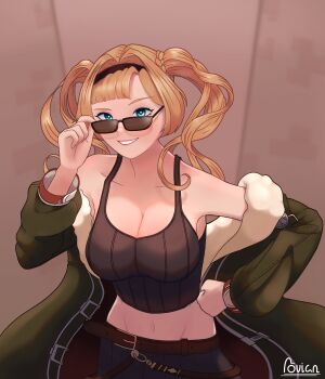 1girl abs absurdres adjusting_eyewear adjusting_glasses artist_name bare_shoulders belt blonde_hair blue_eyes breasts cleavage coat collarbone female_focus granblue_fantasy green_jacket grin hand_on_own_hip highres jacket large_breasts long_hair looking_at_viewer looking_over_eyewear looking_over_glasses navel novian open_clothes pants smile solo sunglasses tagme tank_top tinted_eyewear twintails zeta_(granblue_fantasy)