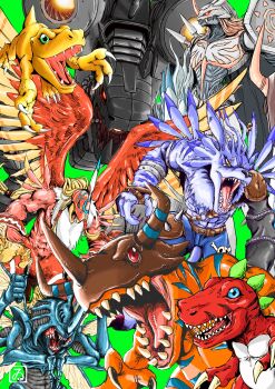 Rule 34 | absurdres, agumon, blue eyes, blue pants, bug, commentary request, denim, digimon, digimon (creature), dinosaur, extra teeth, garudamon, glowing, glowing eyes, green background, green eyes, greymon, group picture, highres, horns, kinoshita itaru, mugendramon, non-humanoid robot, omegamon, pants, red eyes, robot, robot dragon, sharp teeth, shoulder cannon, shoulder spikes, spikes, teeth, tyrannosaurus rex, tyranomon, weregarurumon, werewolf