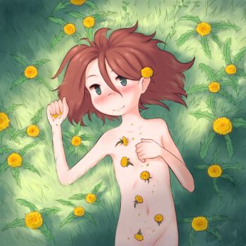 1girl absurdres amy_forest blush brown_hair closed_mouth dandelion flower freckles grass green_eyes hair_between_eyes hand_on_own_chest highres loli lying maggie_(amy_forest) navel nude on_back on_ground original solo