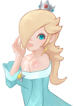 blonde_hair blue_dress blue_eyes brooch closed_mouth commentary crown dress earrings english_commentary eyelashes from_side hair_over_one_eye jewelry kurere1202 long_hair long_sleeves looking_at_viewer mario_(series) mixed-language_commentary nintendo off-shoulder_dress off_shoulder rosalina smile star_(symbol) star_brooch star_earrings upper_body white_background