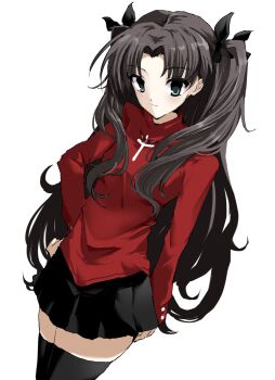 Rule 34 | 1girl, black hair, black skirt, black thighhighs, blue eyes, cowboy shot, fate/stay night, fate (series), hair ribbon, hand on own hip, highres, long hair, long sleeves, looking at viewer, pleated skirt, red shirt, ribbon, shirt, simple background, skirt, smile, solo, takanashi (takanya shi), thighhighs, tohsaka rin, turtleneck, turtleneck shirt, two side up, white background