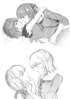 2girls absurdres amakura_mayu amakura_mio bed_sheet blush bob_cut breasts camisole camisole_over_clothes collarbone commentary_request eye_contact face-to-face fatal_frame fatal_frame_ii:_crimson_butterfly finger_in_another's_mouth from_side girl_on_top greyscale half-closed_eyes hand_on_another's_chin hand_on_another's_head hand_on_another's_neck hands_up highres hug incest kirinorui looking_at_another looking_down looking_up lying lying_on_person medium_breasts monochrome multiple_girls multiple_views mutual_hug on_back on_stomach open_mouth parted_lips profile shirt short_hair siblings simple_background sisters skirt sweat three-quarter_sleeves twincest twins upper_body white_background yuri