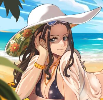Rule 34 | 000kayeife, 1girl, beach, bikini, blue-tinted eyewear, blue sky, bracelet, closed mouth, commentary, english commentary, eyelashes, eyewear on head, floral print, head rest, jewelry, large hat, long hair, looking at viewer, lying, necklace, nico robin, ocean, on stomach, one piece, sidelocks, sky, smile, solo, swimsuit, tinted eyewear