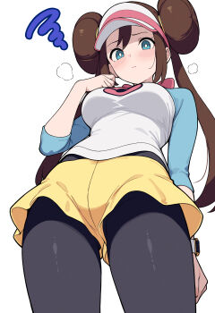 1girl absurdres black_pantyhose blue_eyes blush breasts bright_pupils brown_hair closed_mouth commentary_request double_bun from_below hair_between_eyes hair_bun hand_up highres long_hair looking_at_viewer myuu_(arisumeria) nintendo pantyhose pantyhose_under_shorts poke_ball_print pokemon pokemon_black_2_and_white_2 print_shirt raglan_sleeves rosa_(pokemon) shirt shorts simple_background solo squiggle three-quarter_sleeves twintails visor_cap watch white_background white_pupils wristwatch yellow_shorts