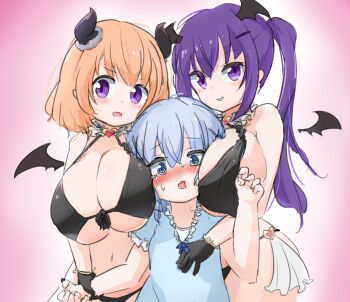 3girls @_@ alternate_breast_size_(larger) bat_wings between_breasts bikini blue_eyes blue_hair blush breast_smother breasts child commentary_request demon_horns face_between_breasts face_to_breasts girl_sandwich gloves gochuumon_wa_usagi_desu_ka? head_between_breasts holding_another's_wrist horns hoto_cocoa huge_breasts kafuu_chino long_hair looking_at_viewer medium_hair multiple_girls navel open_mouth oran purple_background purple_eyes purple_hair sandwiched simple_background smile sweat swimsuit tedeza_rize twintails user_amde8354 wings yuri