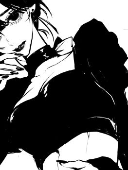 1girl breasts choker closed_mouth collarbone cropped_shirt dutch_angle earrings fingernails greyscale highres jewelry lips looking_at_viewer medium_breasts midriff monochrome original short_hair simple_background sketch solo stud_earrings teeniika upper_body white_background