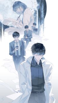 1girl 4boys age_progression bag black_hair black_necktie black_shirt black_vest bob_cut book chinese_text coat collared_shirt commentary crying crying_with_eyes_open english_commentary flying_paper full_body goo_g000 highres holding holding_book holding_paper holding_pen holding_phone kim_dokja knees_up looking_at_phone multiple_boys necktie official_alternate_costume omniscient_reader&#039;s_viewpoint open_clothes open_coat paper pen phone popped_collar scroll shirt short_hair shoulder_bag slouching tears translation_request vest walking white_coat writing