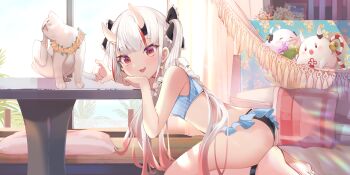 absurdres ass barefoot bell bikini blue_bikini bow cat ear_piercing feet floral_print flower flower_necklace hammock heart highres hololive horns jewelry mujinbensin nakiri_ayame nakiri_ayame_(hololive_summer_2019) necklace oni oni_girl oni_horn piercing pillow poyoyo_(nakiri_ayame) red_eyes resting_head_on_hand sitting smile swimsuit table thighs twintails virtual_youtuber white_hair