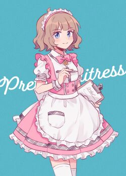 Rule 34 | 1girl, ahoge, apron, blue background, blue eyes, brown hair, clipboard, closed mouth, cowboy shot, dress, frilled apron, frills, highres, holding, holding clipboard, holding pen, idolmaster, idolmaster million live!, looking at viewer, maid headdress, pen, pink dress, pretty waitress (idolmaster), puffy short sleeves, puffy sleeves, short hair, short sleeves, simple background, smile, solo, standing, suou momoko, sushitarou, thighhighs, waist apron, waitress, wavy hair, white apron
