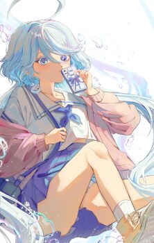 Rule 34 | 1girl, absurdres, ahoge, blue eyes, blue hair, blue neckerchief, blue skirt, blver, cardigan, cellphone, drop-shaped pupils, furina (genshin impact), genshin impact, heterochromia, highres, holding, holding phone, light blue hair, long hair, long sleeves, looking at viewer, mismatched pupils, multicolored hair, neckerchief, panties, pantyshot, phone, pink cardigan, school uniform, serafuku, shoes, skirt, smartphone, solo, streaked hair, symbol-shaped pupils, underwear, upskirt, white panties, yellow shoes