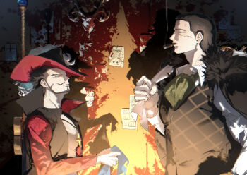 2boys ascot beard black_hair black_vest blood blood_on_wall chinstrap_beard cigar cotton_(lana_de_lingo) crocodile_(one_piece) cross cross_necklace dracule_mihawk facial_hair green_ascot high_collar highres holding jewelry male_focus multiple_boys mustache necklace one_piece orange_eyes shirt short_hair stitched_face stitches vest wanted_poster white_shirt