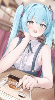 1girl aqua_eyes aqua_hair aqua_nails bare_arms blush collared_shirt commentary_request drooling hair_between_eyes hair_ornament hand_on_own_cheek hand_on_own_face hatsune_miku highres indoors long_hair menu open_mouth saato shirt sleeveless sleeveless_shirt smile solo sparkling_eyes twintails very_long_hair vocaloid white_shirt