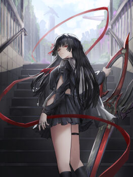 1girl absurdres angelo_(angeloart26) arm_cutout black_hair black_jacket black_serafuku black_shirt black_skirt blue_sky breasts chisa_(wuthering_waves) closed_mouth clothing_cutout commentary day english_commentary hair_ribbon highres holding holding_sword holding_weapon jacket long_hair long_sleeves looking_at_viewer looking_back medium_breasts outdoors red_eyes red_ribbon ribbon school_uniform serafuku shirt skirt sky solo sword thigh_strap thighs weapon wuthering_waves