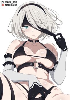 2b_(nier:automata) alternate_costume bikini black_bikini black_hairband blindfold breasts choker covered_eyes expressionless gloves goth_fashion hairband highres medium_breasts mole mole_under_mouth navel nekoromancer nier nier:automata nier_(series) no_blindfold o-ring o-ring_bikini o-ring_choker patreon_logo patreon_username simple_background spread_legs swimsuit twitter_username underboob white_background white_hair