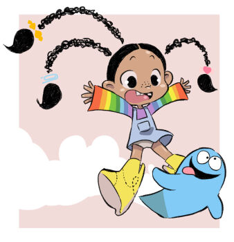 1boy 1girl black_eyes black_hair blooregard_q_kazoo blue_dress blue_skin boots bow braid cartoon_network cloud colored_skin crazy_eyes creature cross-eyed dark-skinned_female dark_skin dress flat_chest foster's_home_for_imaginary_friends freckles goo_(foster's) hair_bow hair_ornament heart heart_hair_ornament jumping k-nattoh loli long_hair long_sleeves missing_tooth multicolored_shirt open_mouth panties paper_clip paper_clip_hair_ornament pink_sky rainbow_shirt shirt sky sleeveless sleeveless_dress sleeves_past_wrists smile striped_clothes striped_shirt teeth tongue tongue_out tri_braids underwear white_panties wind wind_lift yellow_boots yellow_bow