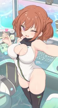 1girl absurdres alice_gear_aegis animal_ears black_thighhighs breasts brown_hair can circle_cutout cleavage_cutout clothing_cutout commentary_request companion/af computer_keyboard computer_mouse covered_collarbone drink_can fang feet_out_of_frame finger_heart from_above front_zipper full-length_zipper game_boy_advance game_boy_advance_sp handheld_game_console heart heattech_leotard highleg highleg_leotard highres kimikage_yui leotard looking_at_viewer medium_breasts microphone monitor multicolored_leotard purple_eyes race_queen selfie seseragi_(star4rats) skin_fang smile solo thighhighs turtleneck twintails twintails_with_hair_base two-tone_leotard white_leotard zipper zipper_leotard zipper_pull_tab