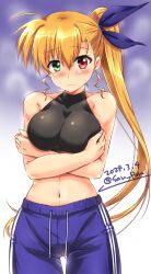 Rule 34 | 1girl, artist name, bare shoulders, blonde hair, blue pants, blush, breast hold, breasts, closed mouth, dated, gym pants, hair ribbon, heterochromia, highres, large breasts, long hair, looking at viewer, lyrical nanoha, mahou shoujo lyrical nanoha strikers, mahou shoujo lyrical nanoha vivid, midriff, navel, pants, ponytail, ribbon, san-pon, side ponytail, signature, simple background, solo, sweat, vivio