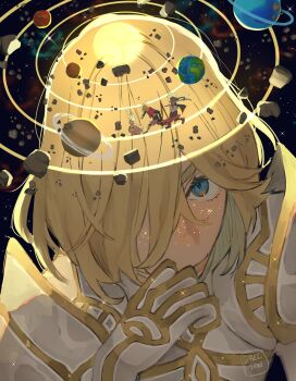 Rule 34 | 4boys, absurdres, androgynous, asteroid, blonde hair, blue eyes, commentary, dadeltan, dunban (xenoblade), english commentary, giant, gold trim, hair over one eye, highres, long hair, looking at viewer, multiple boys, planet, planetary ring, riki (xenoblade), shulk (xenoblade), space, spoilers, xenoblade chronicles (series), xenoblade chronicles 1, zanza (xenoblade)