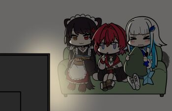 &gt;_&lt; 1other 3girls :3 ange_katrina ange_katrina_(1st_costume) animal_ears animal_hair_ornament ankle_boots apron black_coat blue_eyes blue_hair blunt_bangs blush_stickers boots brown_boots brown_hair brown_kimono brown_tail cardigan chibi chibi_only clawed_boots closed_mouth coat colored_inner_hair commentary_request couch cushion dog_ears dog_girl dog_tail eating flower food grey_background hair_flower hair_intakes hair_ornament hand_up heterochromia holding holding_cushion holding_food inui_toko inui_toko_(1st_costume) japanese_clothes kimono lize_helesta lize_helesta_(1st_costume) long_hair long_skirt long_sleeves looking_ahead low_twintails maid_headdress mitsumine_(ookami_no_oyashiro) multicolored_eyes multicolored_hair multiple_girls nijisanji no_pupils off_shoulder on_couch peeking_out purple_eyes red_cardigan red_eyes red_hair red_skirt sanbaka_(nijisanji) scared short_hair sitting skirt sleeves_past_fingers sleeves_past_wrists smile streaked_hair tail tearing_up television twintails two-tone_eyes two-tone_hair very_long_hair virtual_youtuber waist_apron watching_television wavy_mouth white_apron white_boots white_hair white_headdress yellow_eyes