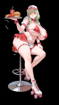 1girl absurdres apron ass banshee_(last_origin) bikini blush braid breasts burger curvy employee_uniform fast_food fast_food_uniform food frilled_apron frills full_body highres huge_ass huge_breasts last_origin long_hair looking_at_viewer mature_female navel official_art open_mouth pleated_skirt red_bikini roller_skates see-through_shrug shrug_(clothing) skates skirt solo swimsuit thick_thighs thighs twin_braids twintails visor_cap waist_apron white_apron wow_(cor369)