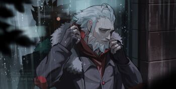1boy beard black_coat closed_mouth coat commentary_request different_reflection facial_hair grey_hair highres l_(pokemon) lysandre_(pokemon) male_focus nintendo old old_man outdoors pokemon pokemon_legends:_z-a rain reflection rott_ur sad solo window