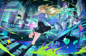 1girl absurdres aqua_hair black_skirt black_socks blonde_hair commentary earrings english_commentary from_side gradient_hair graffiti hair_between_eyes hair_ornament highres jewelry long_hair looking_at_viewer looking_to_the_side lynae_(wuthering_waves) multicolored_hair purple_eyes road shirt shirt_tucked_in skirt skull_hair_ornament smile socks solo star_(symbol) star_earrings street tacet_mark_(wuthering_waves) thigh_strap toriumu white_shirt wuthering_waves