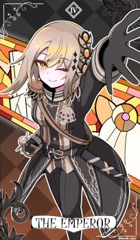 1girl black_gloves black_jacket black_pants blonde_hair commentary epaulettes gloves hasumi_leia highres jacket looking_at_viewer mahou_shoujo_no_majo_saiban mononobe_nekuro mosaic_pattern one_eye_closed orange_eyes outstretched_arm pants rapier sash shoulder_sash solo stained_glass sword tarot the_emperor_(tarot) weapon