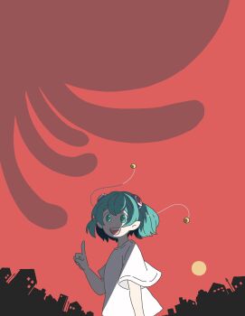 1girl absurdres anime_coloring antenna_hair aqua_eyes aqua_hair bare_arms commentary_request dot_nose hagoromo_lala hair_between_eyes hair_ornament happy highres looking_at_viewer open_mouth outdoors pale_skin pink_pupils pointing pointing_up pointy_ears precure red_sky shade shadow shirt short_hair short_sleeves sky smile solo star_twinkle_precure sun sunset t-shirt takahoshi_(yunch327) tareme teeth town upper_body upper_teeth_only white_shirt