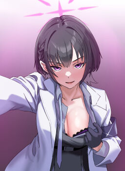 1girl absurdres belt black_belt black_gloves black_hair blue_archive bra bra_peek braid breasts cleavage collarbone colored_eyelashes commentary_request cowboy_shot eyelashes gloves gradient_background grey_shirt hair_between_eyes halo hand_up highres jacket kabedon kabedon_on_viewer lace lace-trimmed_bra lace_trim large_breasts open_clothes open_jacket open_mouth outstretched_arm pov presenting_breasts purple_background purple_bra purple_eyes purple_halo shirt short_hair side_braid simple_background smile solo sound_effects straight-on subaru_(blue_archive) textless_version tsurime u-ho_(uhokk00) underwear v-shaped_eyebrows white_background white_jacket wolf_cut