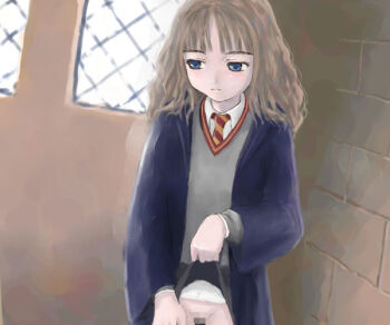 1girl artist_request black_skirt blue_eyes blush brown_hair censored closed_mouth clothes_lift cowboy_shot diagonal-striped_clothes diagonal-striped_necktie flashing female_focus harry_potter_(series) hermione_granger lifting_own_clothes loli mosaic_censoring necktie skirt skirt_lift solo source_request striped_clothes tagme wizarding_world