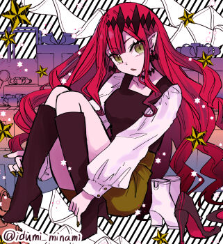 1girl baobhan_sith_(fate) black_boots black_shirt boots breasts choker earrings fate/grand_order fate_(series) green_eyes green_skirt high_heel_boots high_heels highres izumi_minami jewelry knee_boots long_hair long_sleeves looking_at_viewer medium_breasts open_mouth pencil_skirt pink_hair pointy_ears shirt sidelocks skirt solo thighs tiara white_sleeves