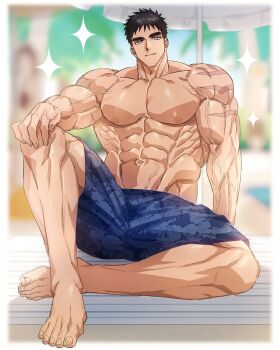 1boy bara barefoot beach_mat beach_umbrella black_hair blue_eyes blurry blurry_background closed_mouth domo_(domo_kizusuki) hand_on_own_knee highres knee_up kokado_shido_(domo) large_pectorals male_focus muscular muscular_arms muscular_male original palm_tree pectoral_cleavage pectorals scar scar_on_arm seaside shirt shoes short_hair sideburns sitting sitting_on_object sparkle topless_male tree umbrella v-taper veins veiny_arms veiny_crotch