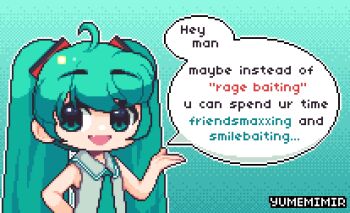 Rule 34 | 1girl, :d, ahoge, artist name, bare shoulders, collared shirt, commentary, detached sleeves, dithered background, dithering, english text, fang, gradient background, green eyes, green hair, grey shirt, hair ornament, hand up, hatsune miku, highres, long hair, looking at viewer, necktie, open mouth, pixel art, shirt, sleeveless, smile, solo, speech bubble, symbol-only commentary, twintails, upper body, vocaloid, yumemimir