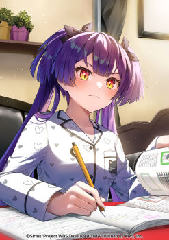 1girl animal_print blush book buttons highres indoors kyashii_(a3yu9mi) long_hair looking_at_viewer nekoashi_tsubomi official_art open_book pajamas pencil purple_hair shirt solo twintails window world_dai_star yellow_eyes