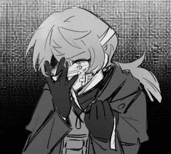 Rule 34 | 1boy, a certain sinclair (project moon), aged up, bandage over one eye, bandaged head, bandages, blood, bloody bandages, clenched hand, gauze, gauze on cheek, gauze on face, gloves, greyscale, hand on own face, hands up, highres, limbus company, load bearing vest, long hair, long sleeves, looking down, low ponytail, male focus, monochrome, monochrome background, mubzhmngdedngp1, open hand, ponytail, portrait, project moon, ptsd, shirt, sinclair (project moon), solo, tearing up, turtleneck, turtleneck shirt, undershirt, wide-eyed