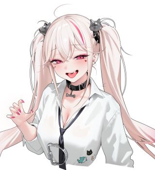 1girl ahoge bear_trap blonde_hair bone breasts claw_pose collar commentary_request crystal earrings eyeshadow facial_mark fingernails goddess_of_victory:_nikke heart heart_facial_mark highres jackal_(class_troublemaker)_(nikke) jackal_(nikke) jewelry long_fingernails makeup medium_breasts multicolored_hair nail_polish ohisashiburi pink_eyeshadow pink_hair school_uniform sharp_teeth shirt signature spiked_collar spikes sticker teeth tongue tongue_out twintails white_background white_shirt