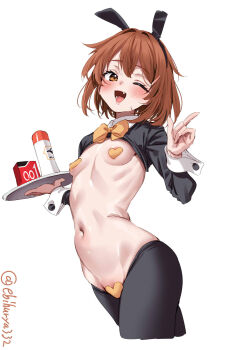 1girl ;d animal_ears artist_name black_pantyhose black_shrug blush bow bowtie breasts brown_eyes brown_hair commentary crotchless crotchless_pantyhose ebifurya fake_animal_ears fang hair_between_eyes hair_intakes heart_maebari heart_pasties highres holding holding_tray ikazuchi_(kancolle) kantai_collection looking_at_viewer lotion_bottle lube maebari navel okamoto_condoms one-hour_drawing_challenge one_eye_closed open_mouth pantyhose pasties reverse_bunnysuit reverse_outfit ribs short_hair shrug_(clothing) simple_background small_breasts smile solo stomach tray twitter_username white_background yellow_bow yellow_bowtie