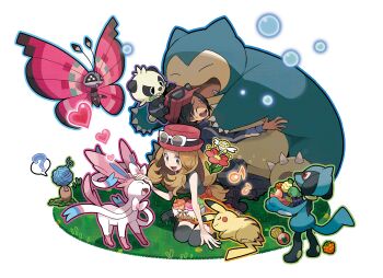 Rule 34 | 1boy, 1girl, :3, ?, absurdres, berry (pokemon), black hair, black thighhighs, bluk berry, brown hair, bug, butterfly, calem (pokemon), cupcake, diglett, fangs, flabebe, flabebe (red flower), flower, food, fruit, gen 1 pokemon, gen 4 pokemon, gen 6 pokemon, grass, grey eyes, hat, headpat, heart, highres, holding, holding food, holding fruit, hug, insect, long hair, low-tied long hair, musical note, nanab berry, nintendo, official art, on head, oomura yuusuke, open mouth, pancham, panda, pecha berry, pikachu, pinap berry, pink wings, poke puff, pokemon, pokemon (creature), pokemon on head, pokemon xy, razz berry, riolu, serena (pokemon), sitting, smile, snorlax, sunglasses, sweat, sylveon, thighhighs, third-party source, transparent background, vivillon, vivillon (meadow), wepear berry, wings, yarn, yarn ball
