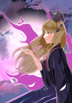 1girl absurdres black_dress black_hat blonde_hair chinese_clothes commentary_request dalachi_(headdress) dress energy_tail fox_tail gasubanana hat highres junko_(touhou) long_hair long_sleeves multiple_tails neck_ribbon partial_commentary rain red_tabard ribbon solo tabard tail touhou wide_sleeves yellow_ribbon