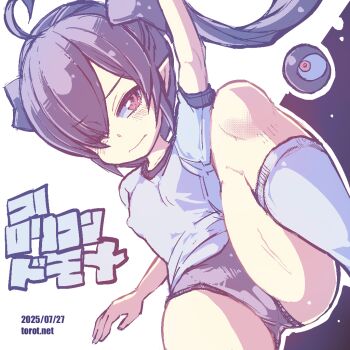 1girl ahoge arm_up backbeako_(torotei) backbeard black_background black_hair blush breasts buruma commentary covered_erect_nipples dated dated_commentary dutch_angle eyes_visible_through_hair foot_out_of_frame gegege_no_kitarou gym_shirt gym_uniform hair_over_one_eye hair_ribbon knee_up kono_lolicon_domome light_frown loli long_hair looking_at_viewer one_eye_closed original paid_reward_available pointy_ears red_eyes ribbon shirt short_sleeves simple_background sitting small_breasts socks solo sweat torotei translated twintails two-tone_background watermark web_address white_background white_shirt white_socks