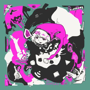 Rule 34 | 1boy, 1girl, 3ma can omochi, abstract, abstract background, black dress, commentary, disembodied arm, doremy sweet, dress, flat color, from above, full body, green background, hat, highres, limited palette, looking at viewer, nightcap, open mouth, pink hat, smile, solo, tapir, tareme, this man, touhou, two-tone dress, white dress