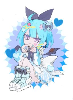 Rule 34 | 1girl, blonde hair, blue boots, blue dress, blue hair, boots, commentary request, dress, duel monster, facial mark, gekokani, heart, heart facial mark, heart hands, highres, lil-la (yu-gi-oh!), live twin lil-la, multicolored hair, purple eyes, simple background, smile, solo, streaked hair, two-tone hair, white background, yu-gi-oh!