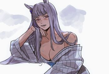 1girl ammi_(mayflyaa) animal_ears bare_shoulders blunt_bangs breasts cleavage collarbone commentary english_commentary gold_ship_(umamusume) highres horse_ears horse_girl japanese_clothes kimono long_hair looking_to_the_side purple_eyes purple_hair smile solo steam striped_clothes striped_kimono umamusume white_background wide_sleeves