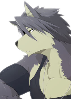 1boy animal_ears armband bara biceps black_tank_top collarbone commentary_request dog_boy dog_ears animal_nose furry furry_male grey_fur grey_hair ig1119 jewelry kouya_aotsuki looking_to_the_side male_focus morenatsu muscular muscular_male necklace pectoral_cleavage pectorals profile tank_top white_background